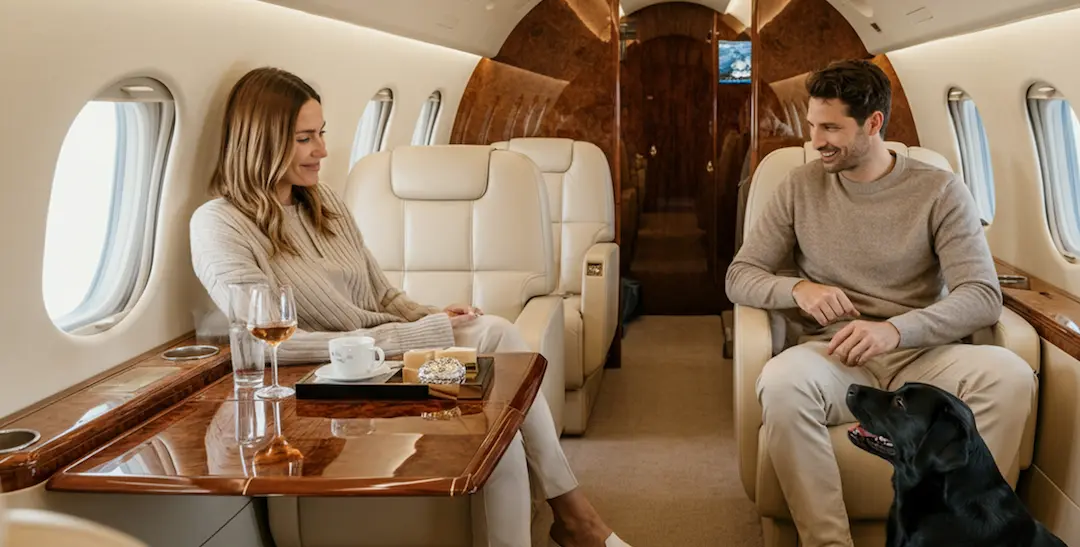 Couple travelling with their black Labrador inside a private jet cabin on a shared charter flight